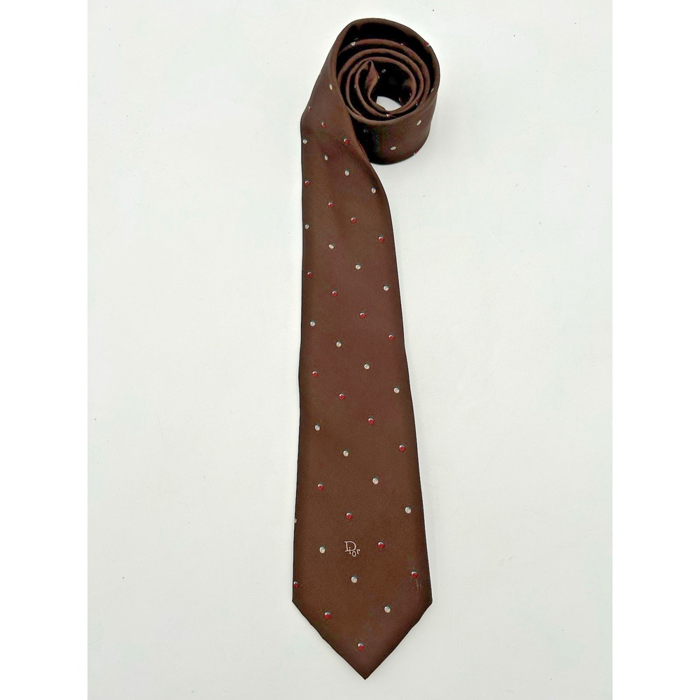 Vintage Designer Christian Dior Classic Tie Dark Brown With Dots Made In Italy